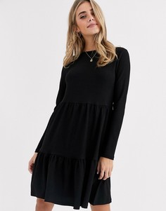 Свободное черное платье мини с длинными рукавами New Look-Черный