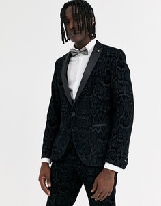 Серый супероблегающий пиджак с флоковым змеиным узором Twisted Tailor