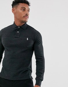 Поло черного меланжевого цвета облегающего кроя с длинными рукавами и логотипом Polo Ralph Lauren-Черный