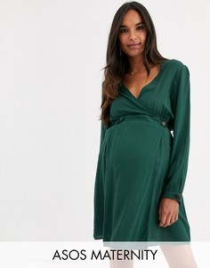 Платье мини с запахом и длинными рукавами ASOS DESIGN Maternity-Зеленый
