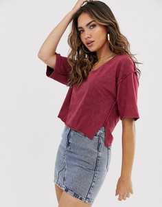 Бордовая футболка с v-образным вырезом и необработанными швами ASOS DESIGN-Красный