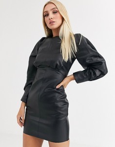 Платье мини из искусственной кожи со сборками на плечах ASOS DESIGN-Черный