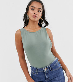 Боди цвета хаки с высоким воротом и заниженными проймами ASOS DESIGN Petite-Зеленый