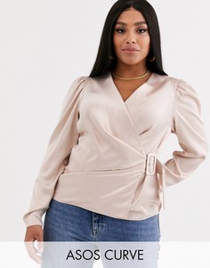 Атласный топ с запахом и длинными рукавами ASOS DESIGN Curve-Розовый