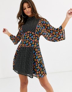 Платье мини с высоким воротником, цветочным принтом и рисунком в горошек ASOS DESIGN-Мульти