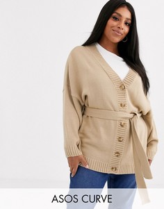 Oversize-кардиган с поясом ASOS DESIGN Curve-Светло-бежевый