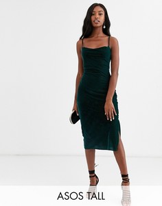 Бархатное платье-комбинация миди на бретельках со шнуровкой на спине ASOS DESIGN Tall-Зеленый