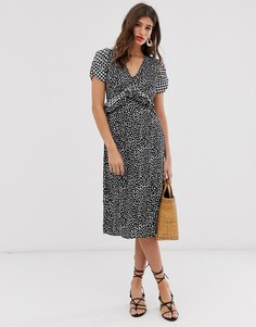 Платье миди с пышными рукавами, оборкой на талии и принтом черного цвета River Island-Черный