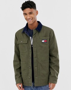 Зеленая куртка с контрастным вельветовым воротником и логотипом Tommy Jeans-Зеленый