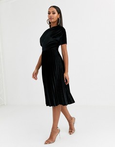 Бархатное платье миди со сборками на плечах ASOS DESIGN-Черный