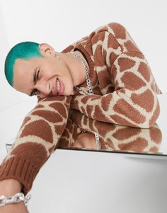 Трикотажный джемпер с круглым вырезом и узором ASOS DESIGN-Коричневый