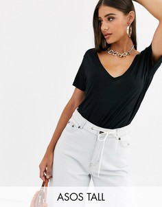 Черная oversize-футболка с V-образными вырезами ASOS DESIGN Tall-Черный