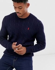 Темно-синий джемпер с узором \косичка\" и логотипом Polo Ralph Lauren