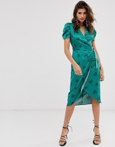 Платье миди с принтом и пышными рукавами River Island-Зеленый