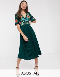 Плиссированное платье миди с вышивкой ASOS DESIGN Tall-Зеленый