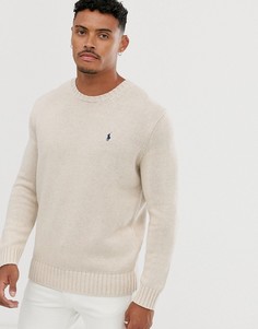 Бежевый джемпер крупной вязки с логотипом Polo Ralph Lauren