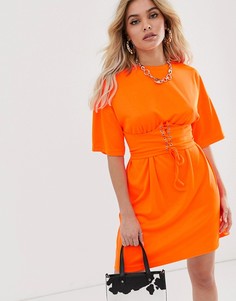 Неоново-оранжевое платье-футболка с отделкой в стиле корсета Missguided-Оранжевый
