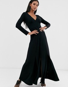 Чайное платье макси на пуговицах с длинными рукавами и разрезами ASOS DESIGN-Черный