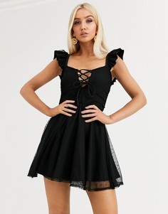 Короткое приталенное платье из сетчатой ткани добби со сборками ASOS DESIGN-Черный