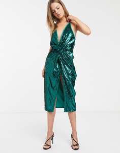 Платье миди с узелком и пайетками ASOS DESIGN-Зеленый