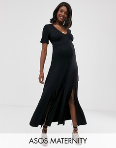 Чайное платье макси на пуговицах с разрезами ASOS DESIGN Maternity-Черный