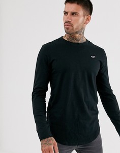 Черный лонгслив с логотипом и закругленной нижней кромкой Hollister