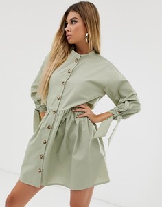 Свободное платье мини на пуговицах с завязками на рукавах ASOS DESIGN-Зеленый