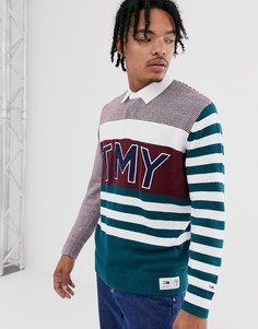 Бордовый джемпер регби в полоску с крупным логотипом на груди Tommy Jeans-Красный