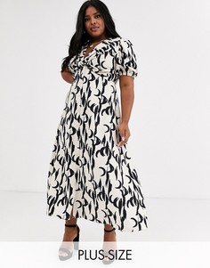 Чайное платье миди в винтажном стиле на пуговицах с принтом мазков кисти Glamorous Curve-Светло-коричневый