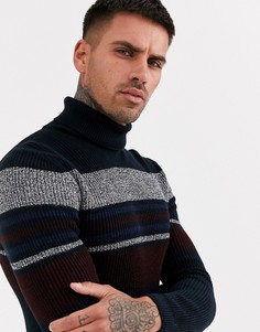 Темно-синяя обтягивающая водолазка в рубчик с полосками колор блок ASOS DESIGN-Темно-синий