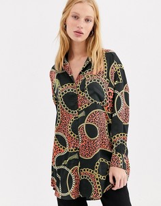 Черная длинная атласная блузка-oversize с принтом цепочек Monki-Черный