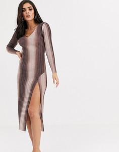 Платье миди с длинными рукавами, V-образным вырезом и блестками ASOS DESIGN-Коричневый