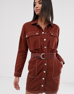 Красное платье-рубашка в стиле милитари с поясом River Island-Красный