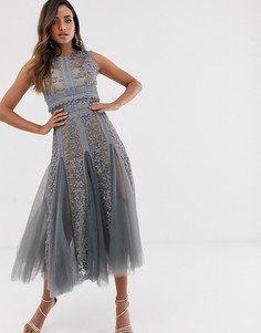 Серое кружевное платье миди с вышивкой Bronx & Banco megan-Серый