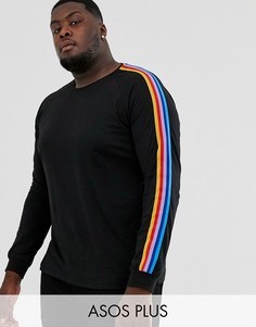 Черная свободная футболка с длинным рукавом и разноцветными полосками ASOS DESIGN Plus-Черный