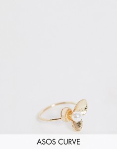 Золотистое кольцо с цветочным дизайном и жемчугом ASOS DESIGN Curve-Золотой