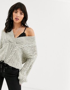 Вязаный oversize-джемпер с V-образным вырезом ASOS DESIGN-Серый