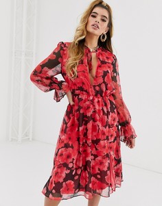 Красное свободное платье миди с завязкой спереди и цветочным принтом Missguided-Красный