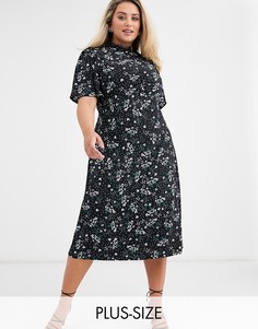 Чайное платье миди с высоким воротником и рукавами клеш Fashion Union Plus-Черный