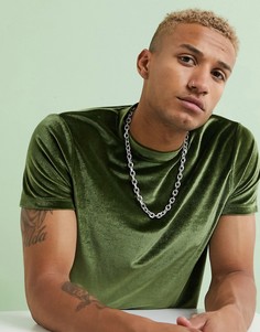 Велюровая футболка цвета хаки ASOS DESIGN-Зеленый