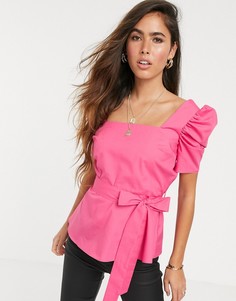 Розовый топ с пышными рукавами и поясом River Island