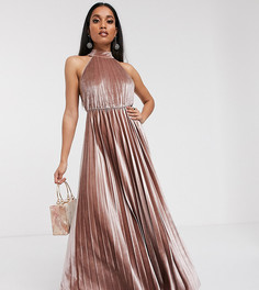 Бархатное плиссированное платье-халтер ASOS DESIGN Petite-Бежевый