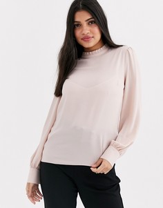 Светло-коричневый топ с высоким воротником и оборками New Look