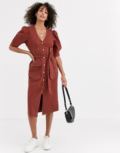 Платье миди на кнопках с пышными рукавами ASOS DESIGN-Красный