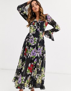 Платье макси с запахом, оборками и цветочным принтом ASOS DESIGN-Мульти