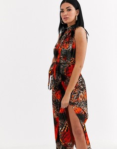 Оранжевое плиссированное платье миди с принтом Forever U-Оранжевый