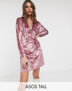 Бархатное платье мини с длинными рукавами и глубоким вырезом ASOS DESIGN Tall-Розовый