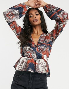 Топ с баской, запахом и платочным принтом Missguided-Коричневый