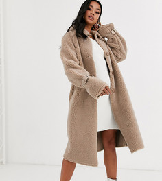 Бежевая шуба из искусственной цигейки с воротом-трубой Missguided Petite-Бежевый