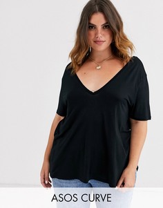 Черная oversize-футболка с V-образным вырезом на груди и спине ASOS DESIGN Curve-Черный